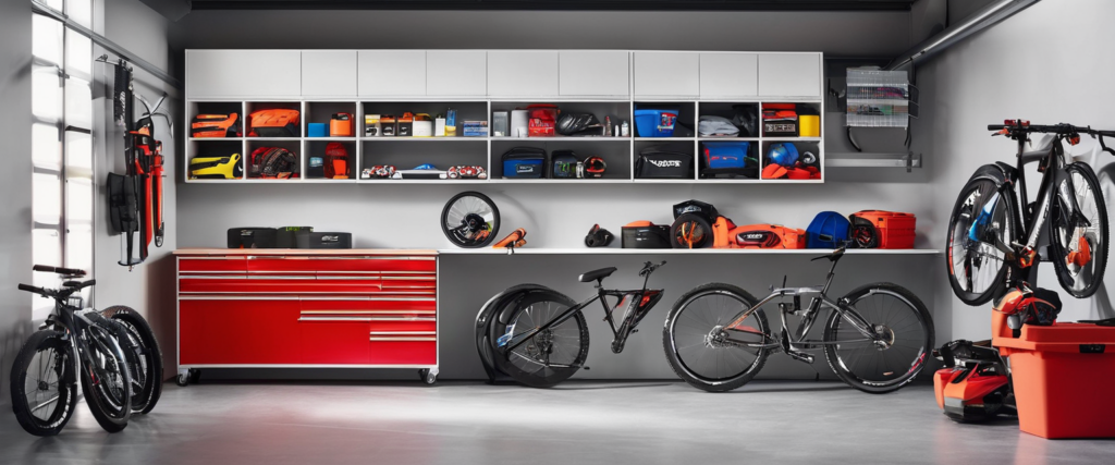 Illustration for garage storage, garage organization, overhead storage, wall storage, garage cabinets, workbenches, storage bins, labels, smart garage tech, sports gear storage, bike storage, and seasonal storage solutions