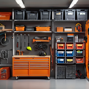 Icon for garage storage, garage organization, overhead storage, wall storage, garage cabinets, workbenches, storage bins, labels, smart garage tech, sports gear storage, bike storage, and seasonal storage solutions topic
